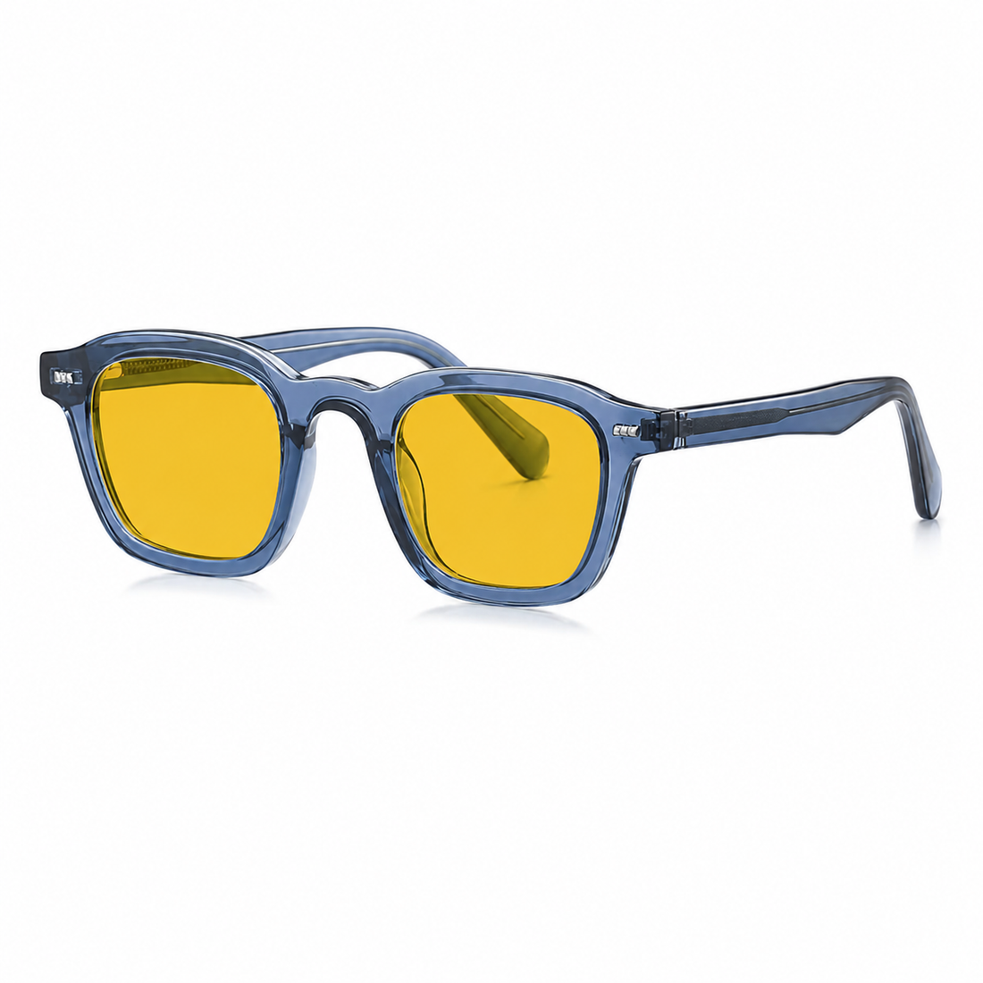 Óculos AURA Day Blue com armação azul translúcida e lentes amarelas com filtro de luz azul, em vista 3/4 sobre fundo branco.