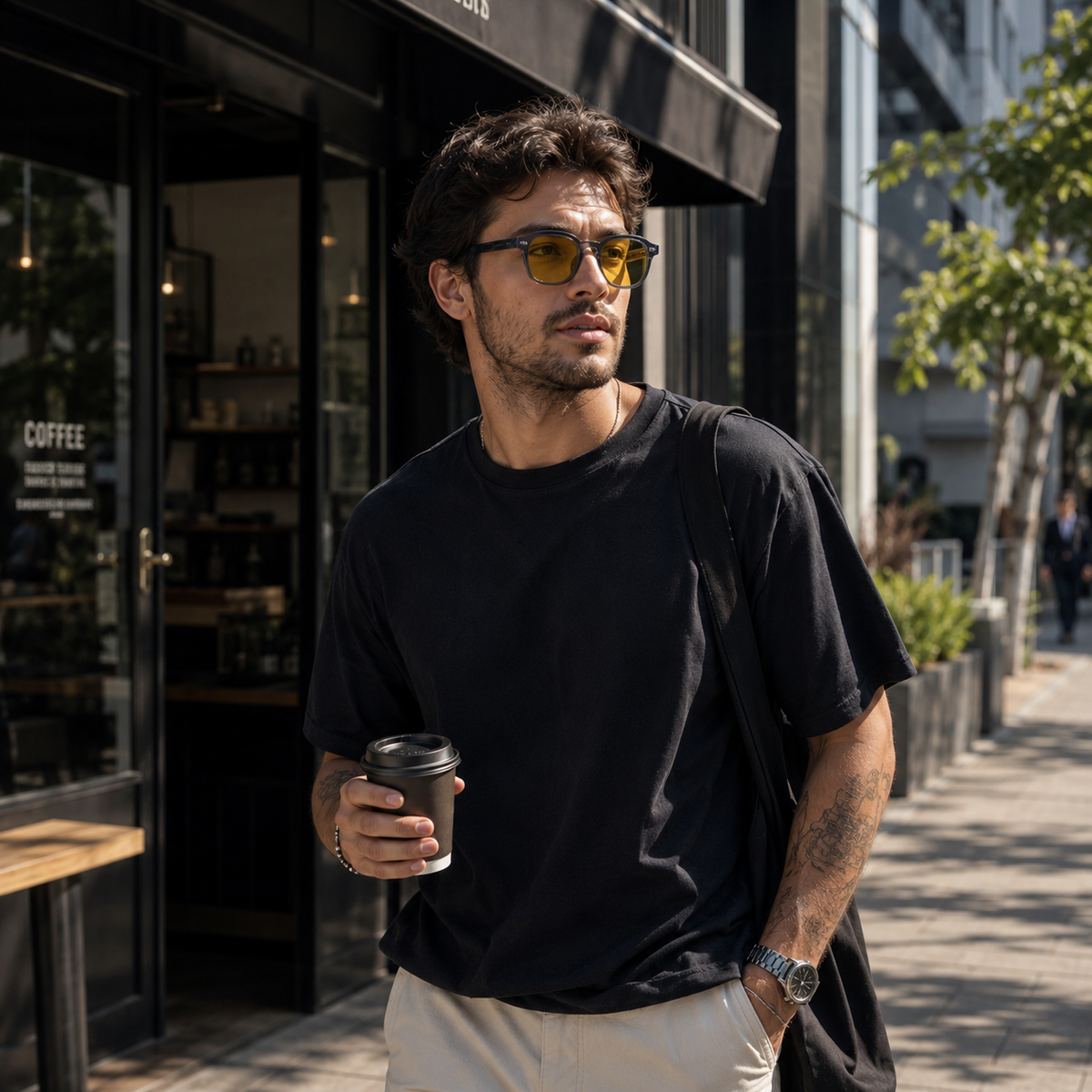 Homem usando óculos AURA Day Blue com lentes amarelas com filtro de luz azul, caminhando em ambiente urbano próximo a uma cafeteria.