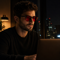 Homem usando óculos NOX Night Black com armação preta redonda e lentes vermelhas enquanto trabalha no notebook à noite.