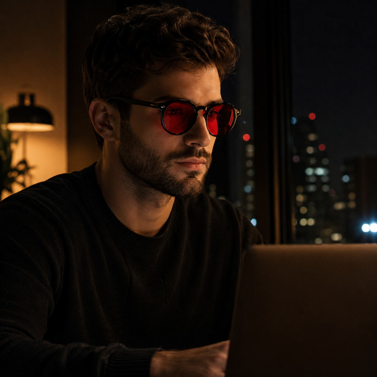 Homem usando óculos NOX Night Black com armação preta redonda e lentes vermelhas enquanto trabalha no notebook à noite.