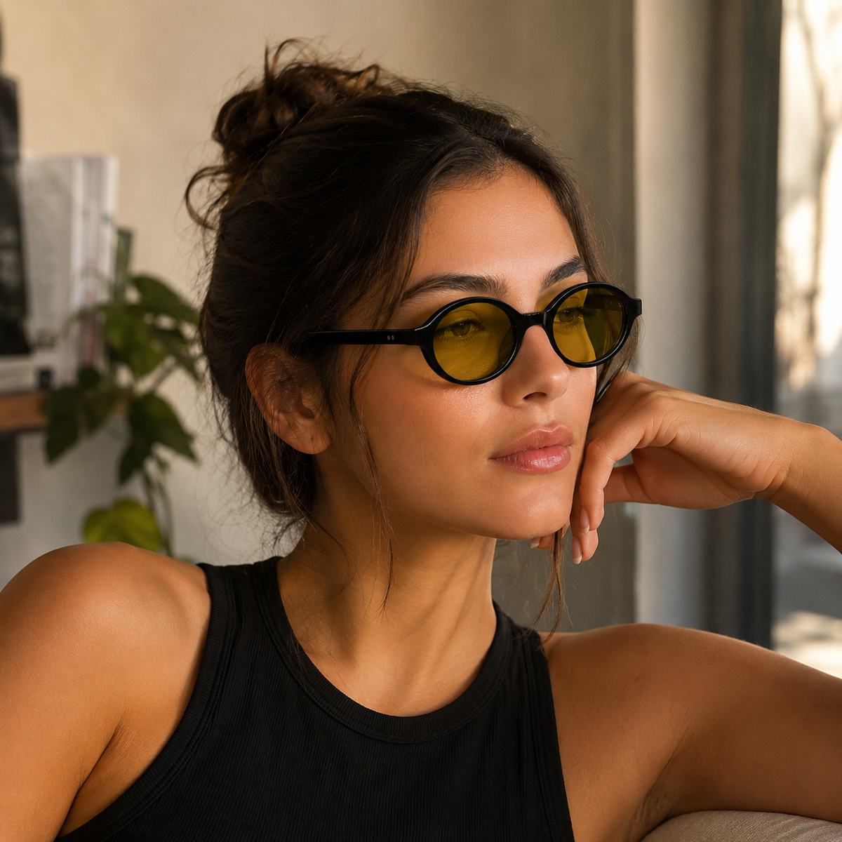 Mulher usando óculos LUMA Day Black com lentes amarelas para filtro de luz azul