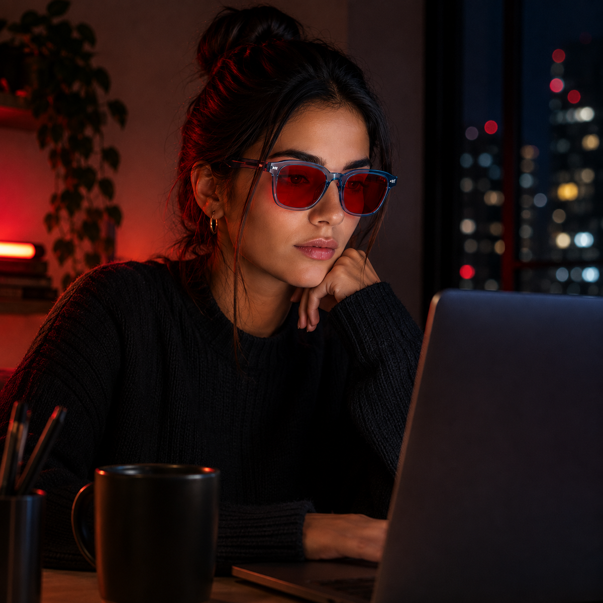 Mulher usando óculos AURA Night Blue com armação azul translúcida e lentes vermelhas enquanto trabalha no notebook à noite.