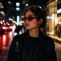 Mulher usando óculos LUMA Night Black com armação preta oval e lentes vermelhas em ambiente urbano durante a noite.