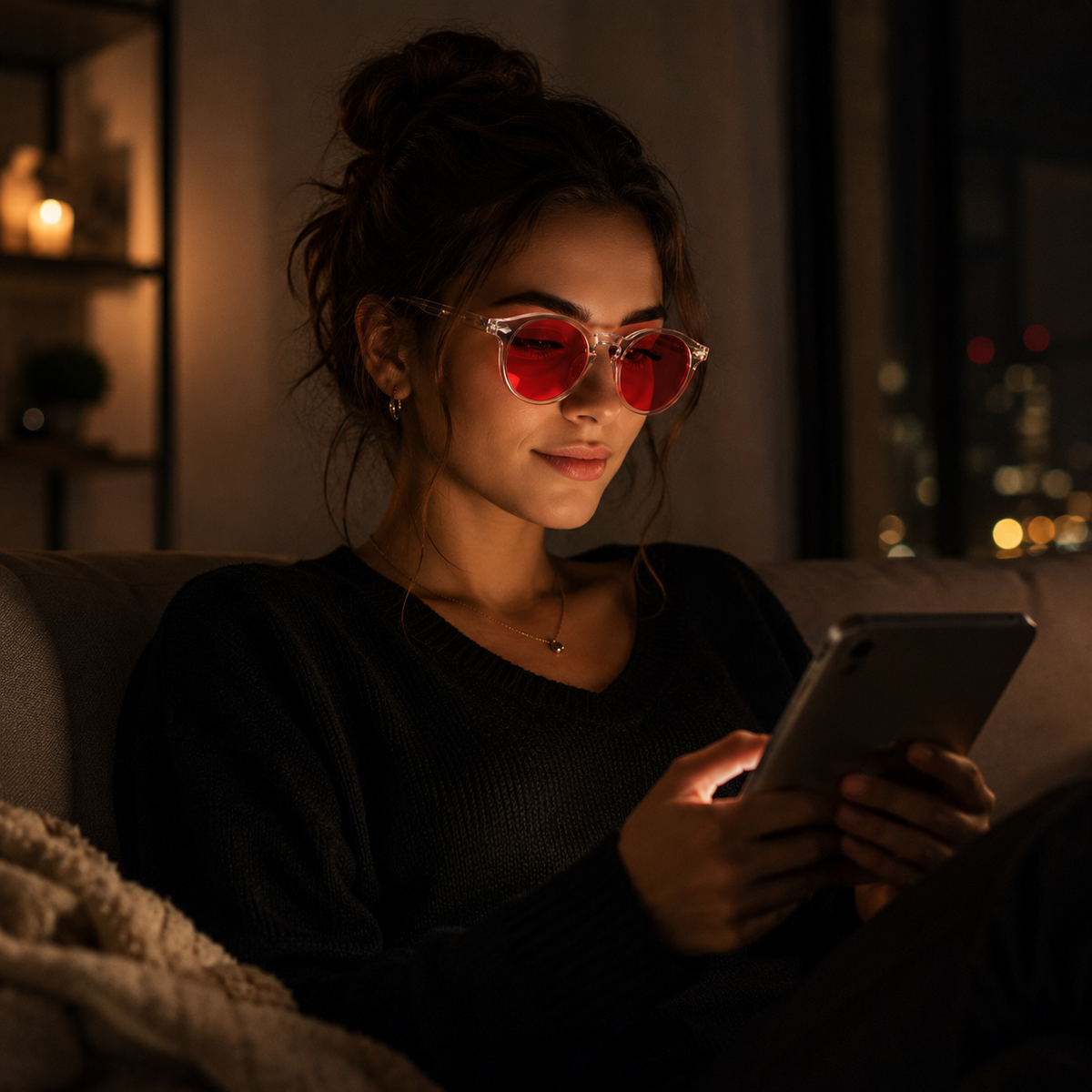 Mulher usando óculos NOX Night Translucent com armação transparente e lentes vermelhas enquanto utiliza um tablet à noite.