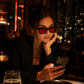 Mulher usando óculos VESPER Night Black com armação geométrica preta e lentes vermelhas enquanto utiliza o celular em um restaurante à noite.