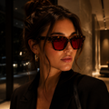 Mulher usando óculos VESPER Night Tortoise com armação geométrica tartaruga e lentes vermelhas em ambiente sofisticado durante a noite.