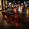 Óculos LUMA Night Black e Tortoise com lentes vermelhas sobre mesa em ambiente urbano noturno, com luzes e reflexos da cidade ao fundo.