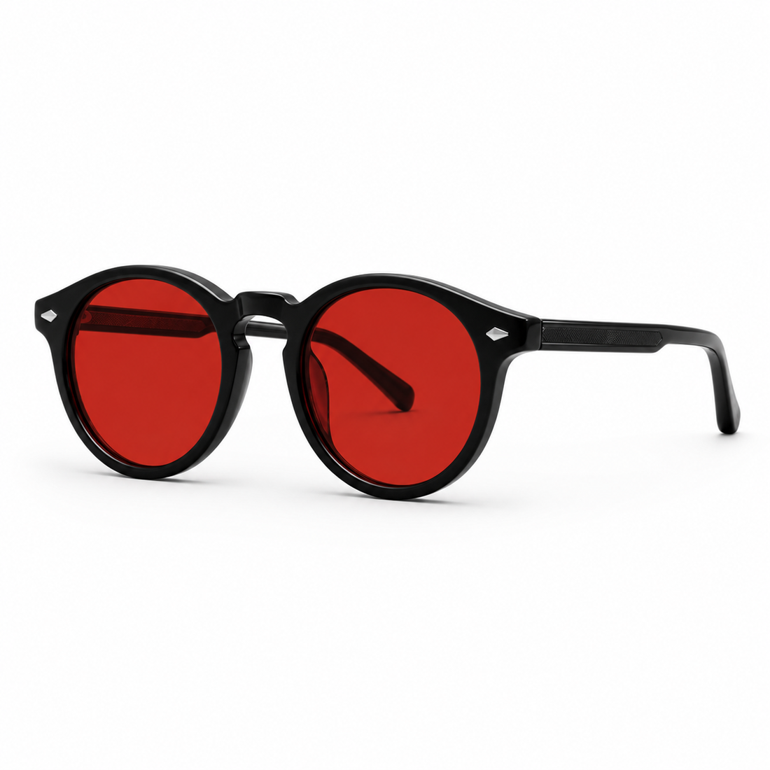 Óculos NOX Night Black com armação preta redonda e lentes vermelhas com filtro de luz azul, em vista 3/4.