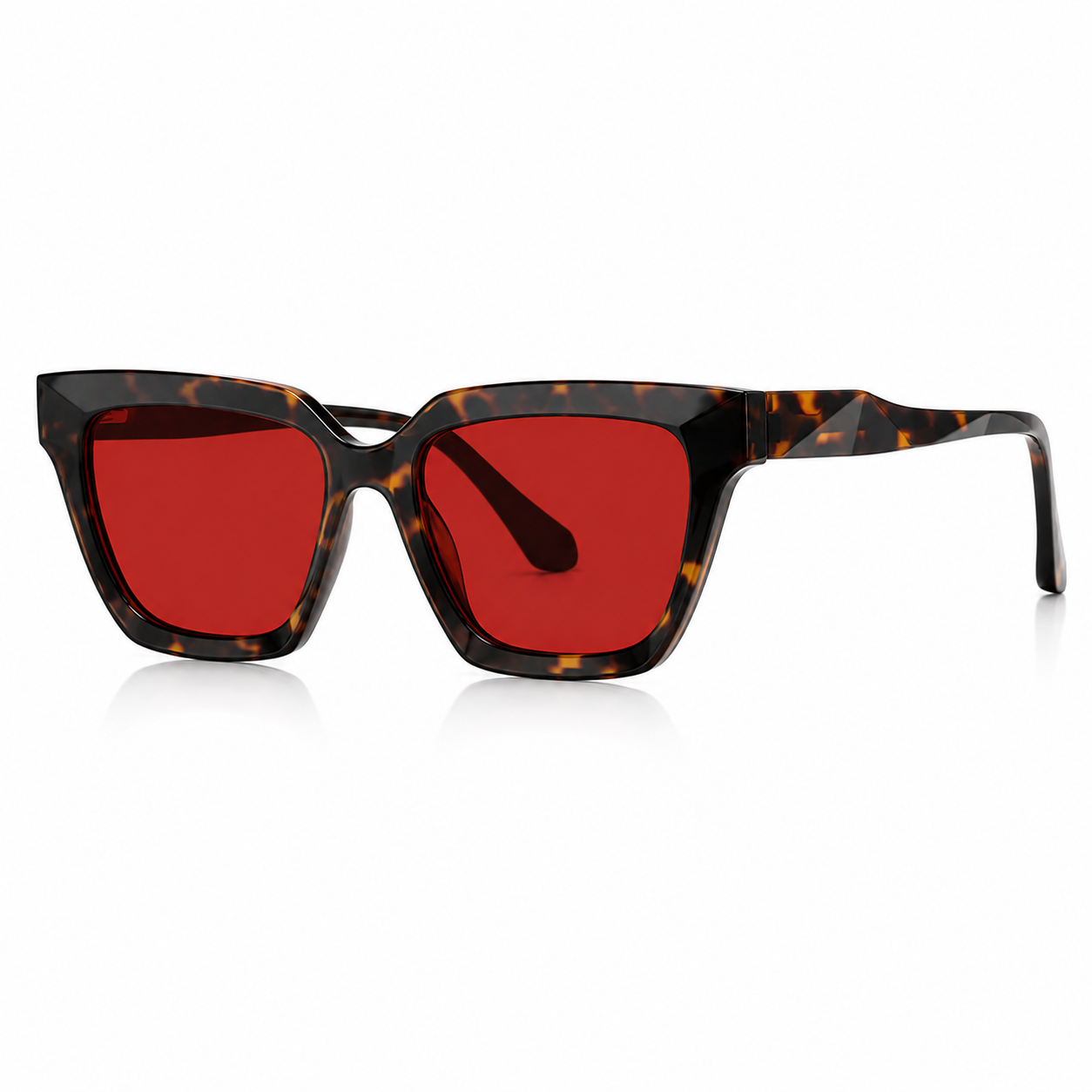 Óculos VESPER Night Tortoise com armação geométrica tartaruga e lentes vermelhas com filtro de luz azul, em vista 3/4 sobre fundo branco.
