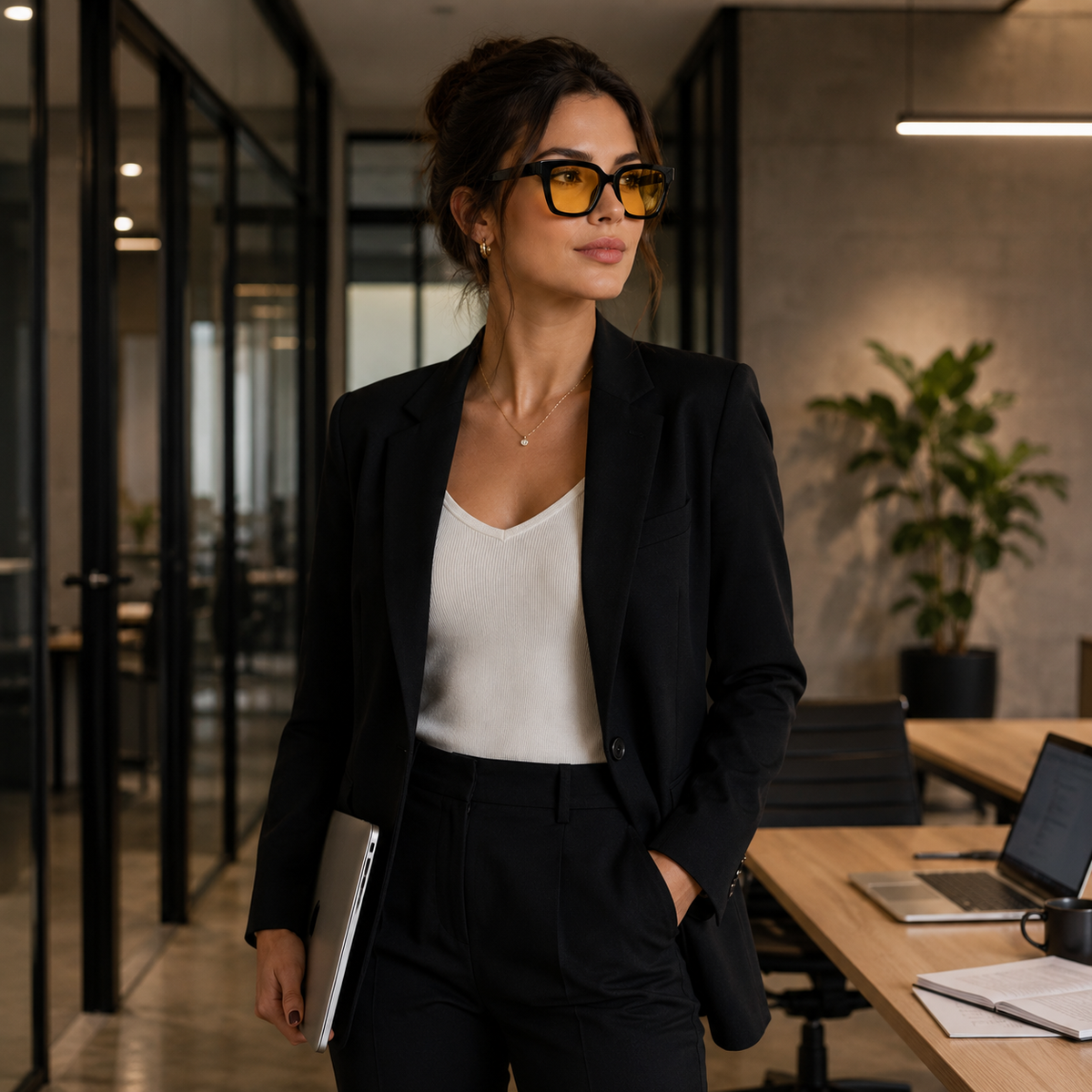 Mulher usando óculos Vesper Day preto com lentes amarelas de filtro de luz azul em um escritório moderno e sofisticado.