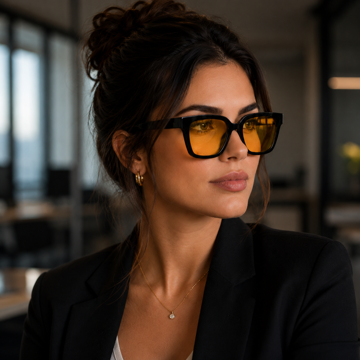 Mulher usando óculos Vesper Day preto com lentes amarelas de filtro de luz azul, em close-up dentro de um escritório moderno.