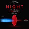 Tecnologia Night da Filtter com lente vermelha ilustrando 99% de filtragem da luz azul digital para uso durante a noite.