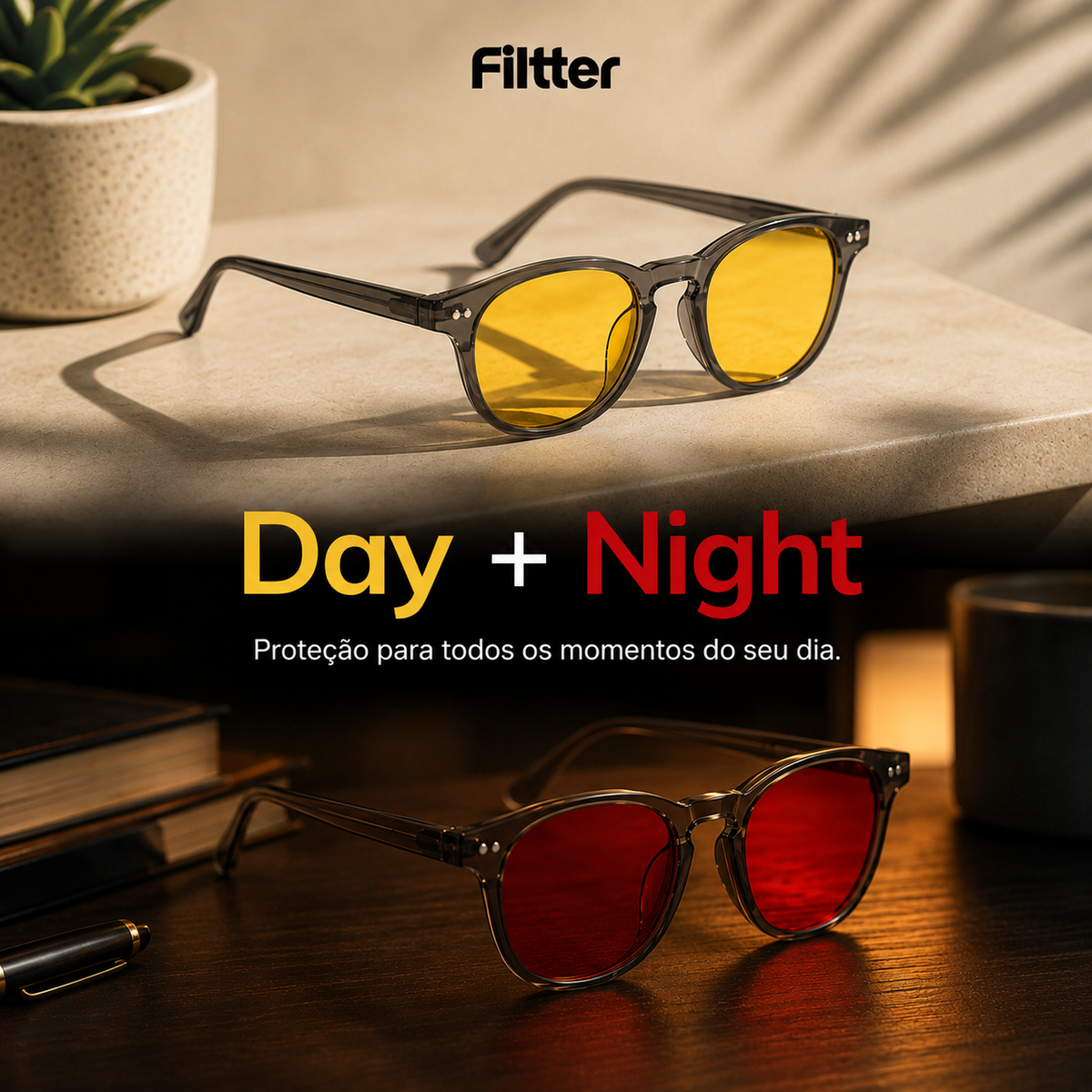 Imagem editorial do AURA Kit Day + Night, com óculos de armação Smoke e lentes amarelas em um ambiente iluminado durante o dia e óculos de armação Blue com lentes vermelhas em um ambiente noturno, acompanhados do texto “Day + Night — Proteção para todos os momentos do seu dia.”