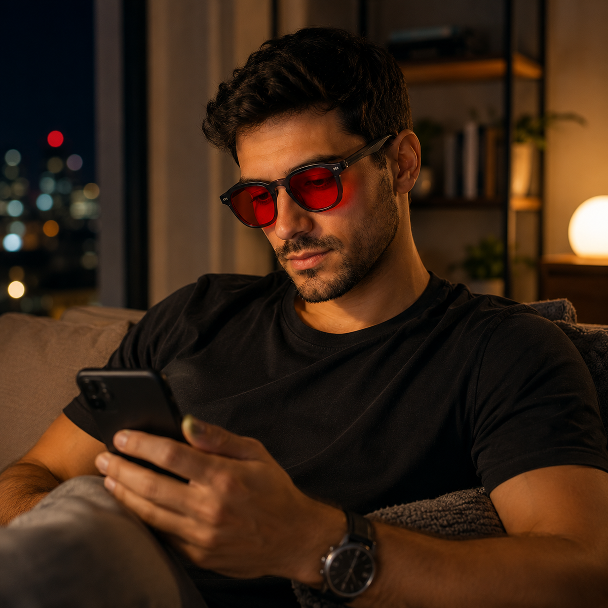 Homem usando óculos AURA Night com armação Smoke e lentes vermelhas em um ambiente interno à noite, sentado em um sofá enquanto utiliza o celular, com iluminação quente e decoração moderna ao fundo.