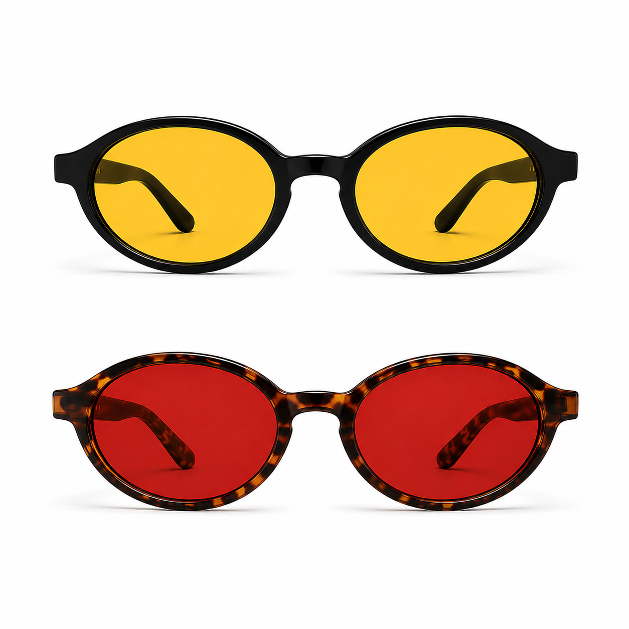 Óculos LUMA Kit apresentados em duas versões sobre fundo branco: armação preta com lentes amarelas na parte superior para o Day e armação Tortoise com lentes vermelhas na parte inferior para o Night, destacando o formato ovalado do modelo.