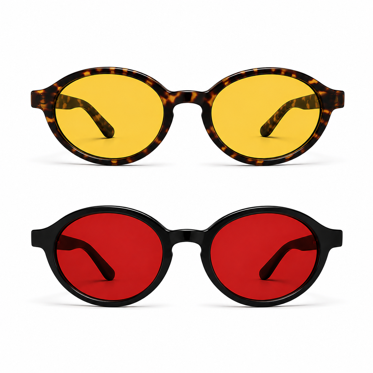 Óculos LUMA Kit apresentados em duas versões sobre fundo branco: armação Tortoise com lentes amarelas na parte superior para o Day e armação preta com lentes vermelhas na parte inferior para o Night, destacando o formato ovalado do modelo.