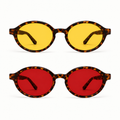 Óculos LUMA Kit com armação Tortoise, apresentados em duas versões sobre fundo branco: lentes amarelas na parte superior para o Day e lentes vermelhas na parte inferior para o Night, destacando o formato ovalado do modelo.