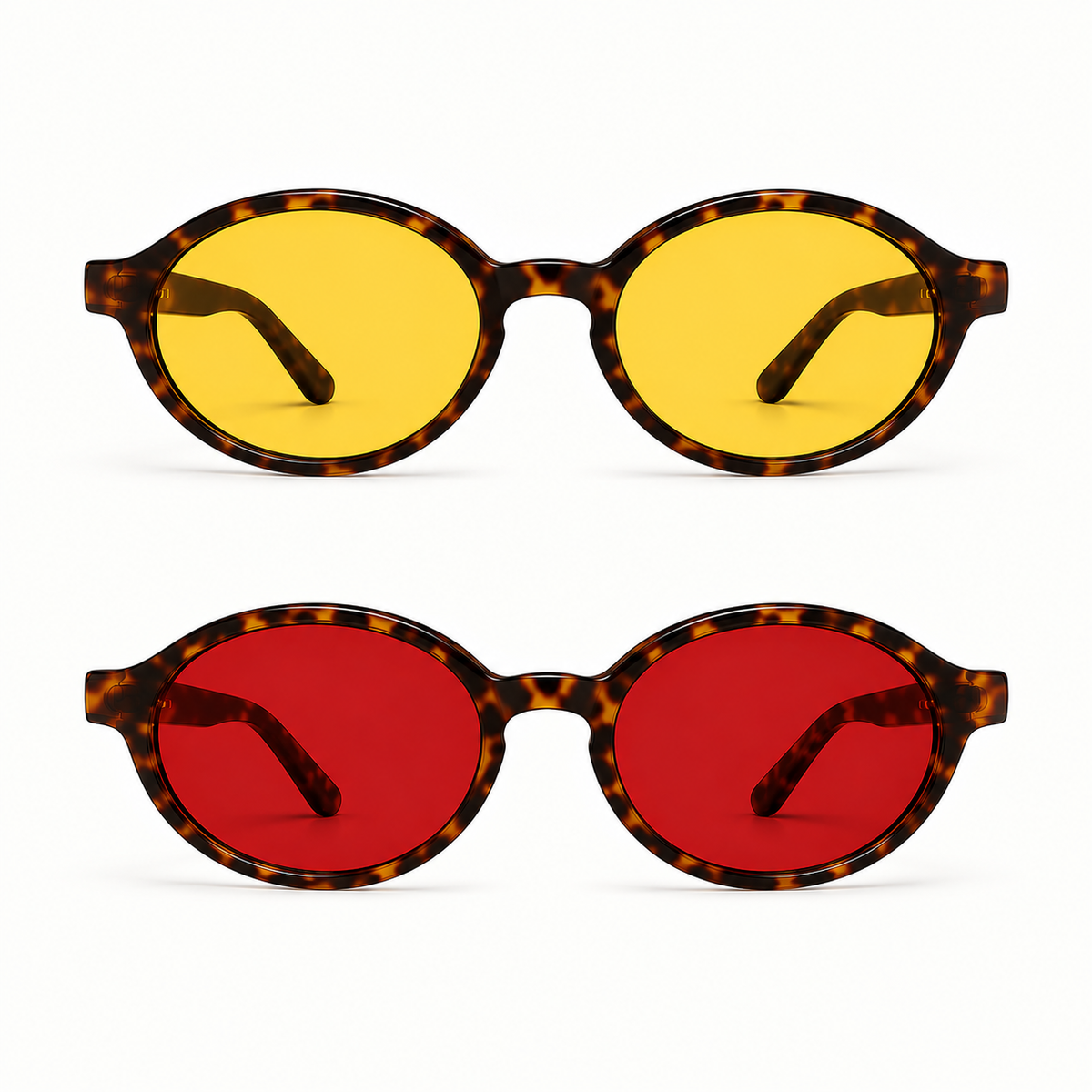 Óculos LUMA Kit com armação Tortoise, apresentados em duas versões sobre fundo branco: lentes amarelas na parte superior para o Day e lentes vermelhas na parte inferior para o Night, destacando o formato ovalado do modelo.
