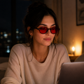 Mulher usando óculos LUMA Night com armação Tortoise e lentes vermelhas em um ambiente noturno aconchegante, com iluminação suave e laptop ao fundo, destacando o formato ovalado dos óculos.