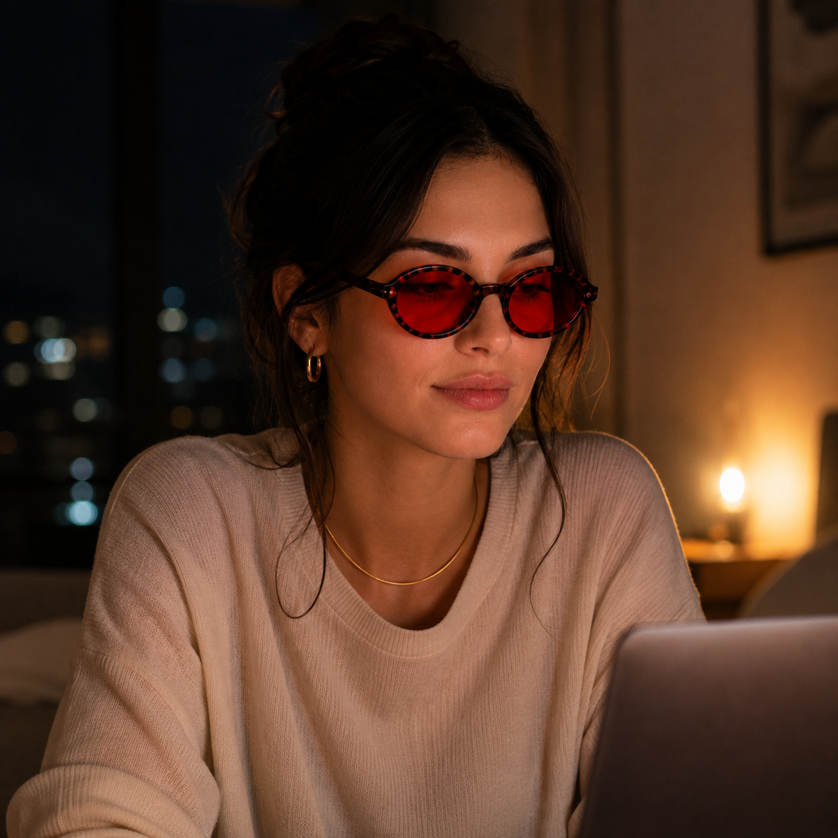 Mulher usando óculos LUMA Night com armação Tortoise e lentes vermelhas em um ambiente noturno aconchegante, com iluminação suave e laptop ao fundo, destacando o formato ovalado dos óculos.