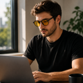 Homem usando óculos NOX Day Black com lentes amarelas enquanto trabalha no notebook durante o dia.