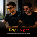 Homem usando óculos NOX Day com lentes amarelas durante o dia e NOX Night com lentes vermelhas à noite, representando proteção para todos os momentos do dia.