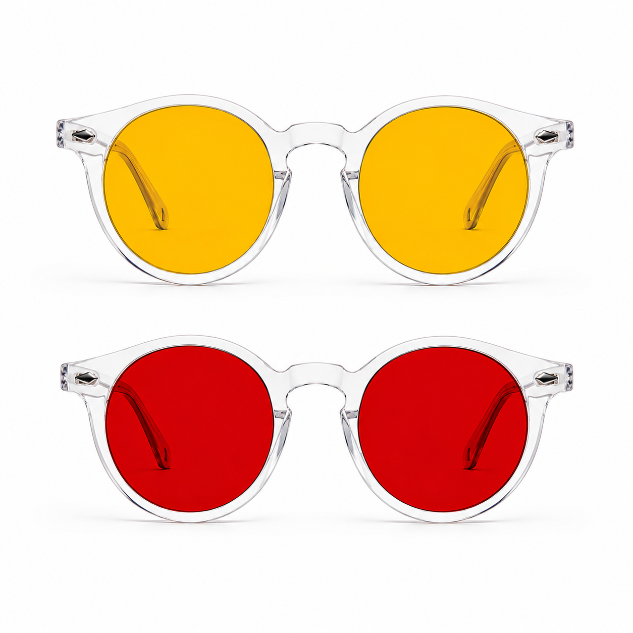 Óculos NOX Kit Day + Night Translucent com armações transparentes, lentes amarelas no Day e lentes vermelhas no Night para filtragem de luz azul.