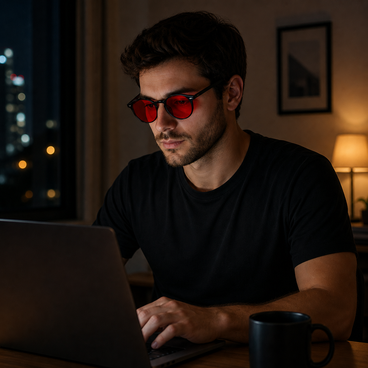 Homem usando óculos NOX Night Black com lentes vermelhas enquanto trabalha no notebook à noite.