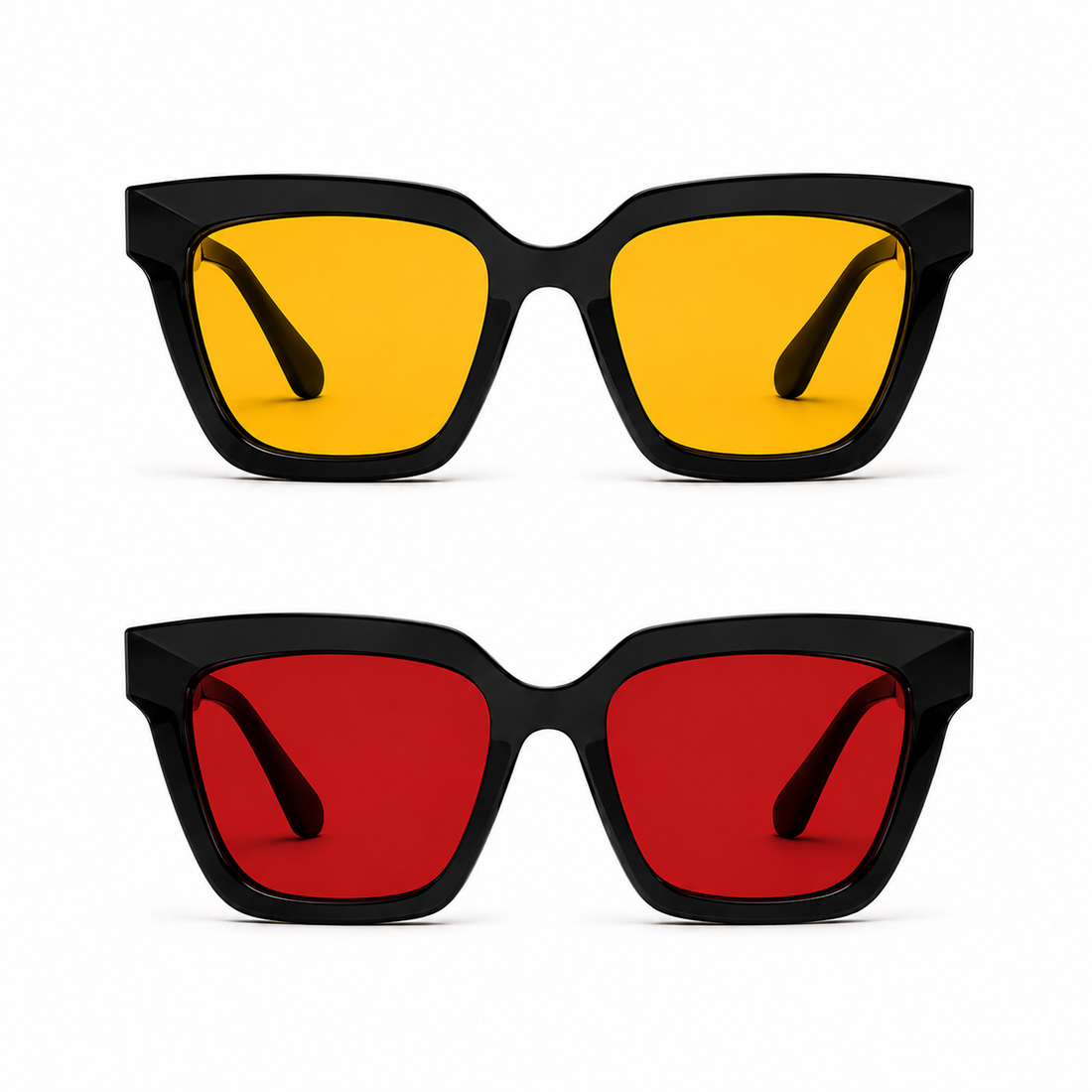 Óculos VESPER Kit com armação Black apresentados em duas versões sobre fundo branco: lentes amarelas para o Day na parte superior e lentes vermelhas para o Night na parte inferior, destacando o design angular e marcante do modelo.
