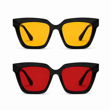 Óculos VESPER Kit com armação Black apresentados em duas versões sobre fundo branco: lentes amarelas para o Day na parte superior e lentes vermelhas para o Night na parte inferior, destacando o design angular e marcante do modelo.
