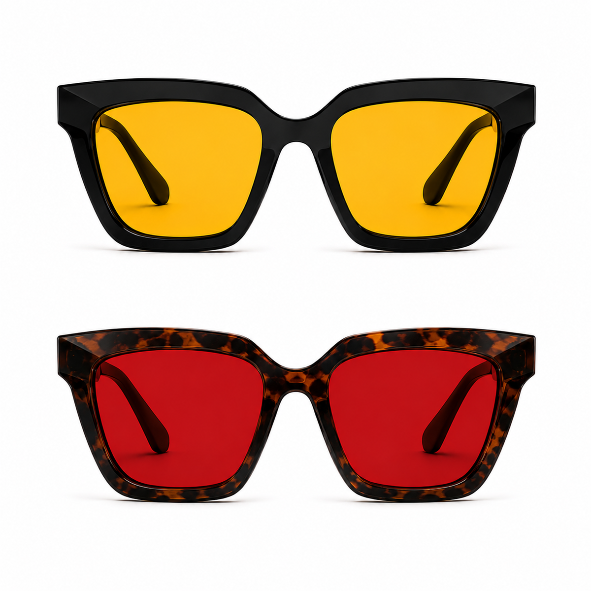 Óculos VESPER Kit apresentados em duas versões sobre fundo branco: armação Black com lentes amarelas para o Day na parte superior e armação Tortoise com lentes vermelhas para o Night na parte inferior, destacando o design angular e marcante do modelo.