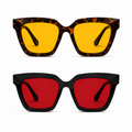 Óculos VESPER Kit apresentados em duas versões sobre fundo branco: armação Tortoise com lentes amarelas para o Day na parte superior e armação Black com lentes vermelhas para o Night na parte inferior, destacando o design angular e marcante do modelo.