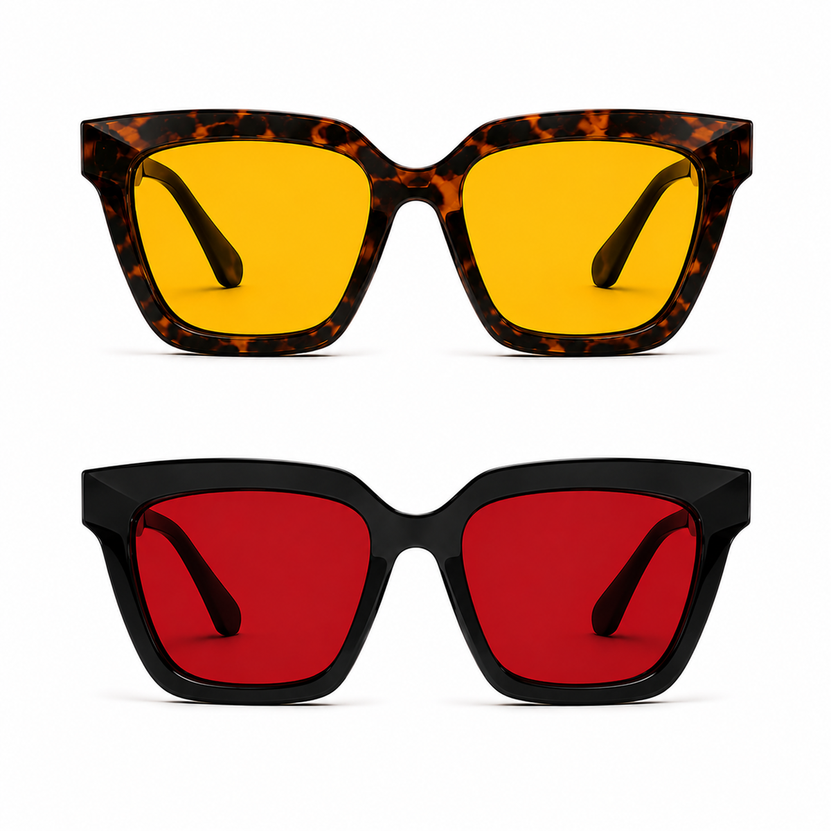 Óculos VESPER Kit apresentados em duas versões sobre fundo branco: armação Tortoise com lentes amarelas para o Day na parte superior e armação Black com lentes vermelhas para o Night na parte inferior, destacando o design angular e marcante do modelo.