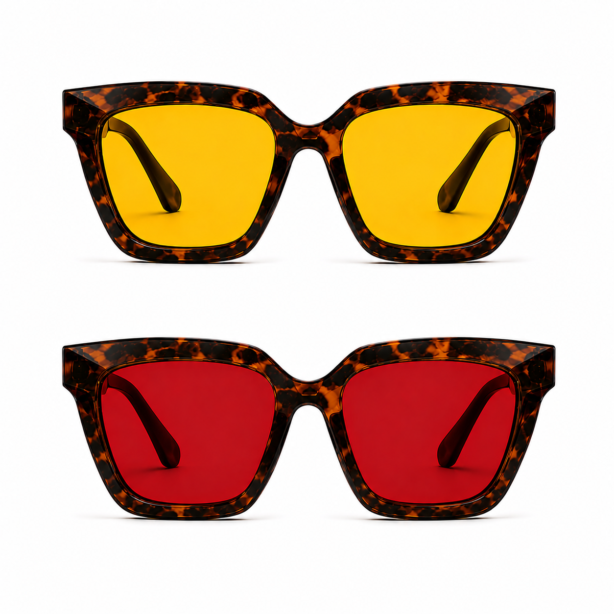 Óculos VESPER Kit com armação Tortoise apresentados em duas versões sobre fundo branco: lentes amarelas para o Day na parte superior e lentes vermelhas para o Night na parte inferior, destacando o design angular e marcante do modelo.