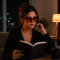 Mulher usando óculos VESPER Night com armação Black e lentes vermelhas enquanto lê em um ambiente interno aconchegante à noite, com iluminação quente e suave ao fundo.