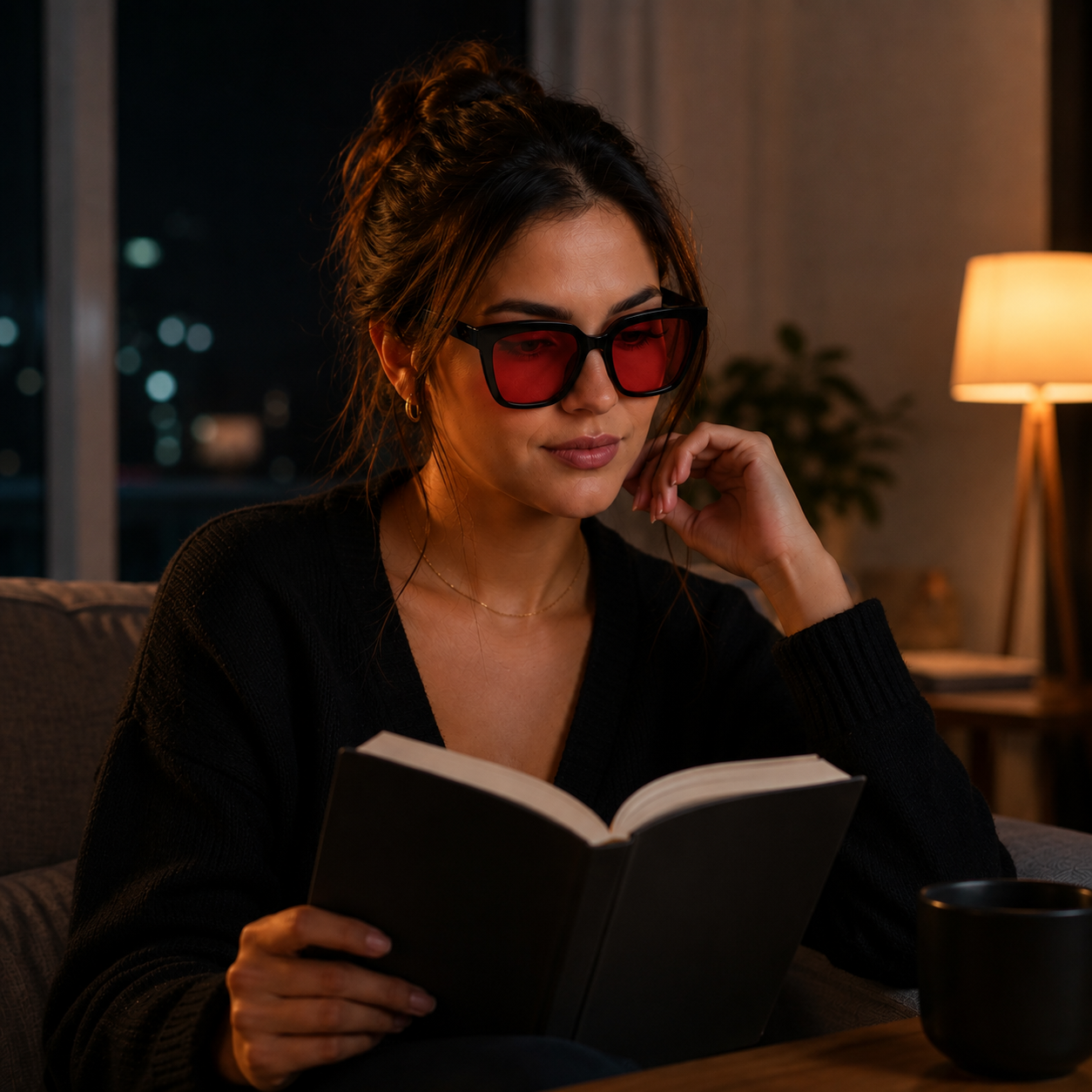 Mulher usando óculos VESPER Night com armação Black e lentes vermelhas enquanto lê em um ambiente interno aconchegante à noite, com iluminação quente e suave ao fundo.